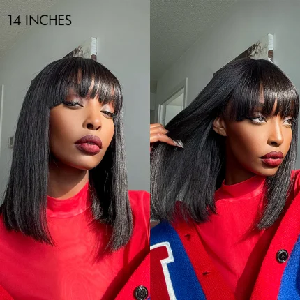 Put On and Go Realistic Glueless Yaki Straight Bob with Bangs Minimalist Lace Wig 100% Human Hair